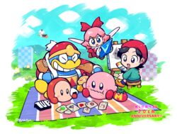  2girls acro_(kirby) adeleine animal_ears black_hair blanket blue_eyes blue_sky broom broom_riding cake card cat_ears chewing cloud coat crystal_shard dress drumsticks easel fairy flower food grass grey_skirt grin highres hr-h keke_(kirby) king_dedede kirby kirby_(series) kirby_64 looking_at_another magman_(kirby) maxim_tomato miracle_matter multiple_girls n-z onigiri outdoors paintbrush pink_hair pix_(kirby) rariatto_(ganguri) red_coat red_dress red_headwear red_ribbon ribbon ribbon_(kirby) sandwich shoes skirt sky smile smock stool waddle_dee whispy_woods white_hair zero_two_(kirby) 