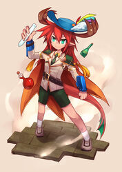  1boy alternate_color antlers belt black_belt blue_headwear cape cavalier_hat closed_mouth collared_shirt commentary_request dragon_boy dragon_tail emon-yu flask full_body genetic_(ragnarok_online) green_necktie green_shorts hair_between_eyes horns jacket long_hair male_focus necktie official_alternate_costume orange_cape potion ragnarok_online red_hair round-bottom_flask shirt shoes shorts smile socks solo standing tail vial white_jacket white_shirt white_socks 