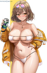  abpart anis_(nikke) anis_(sparkling_summer)_(nikke) bare_shoulders bikini breasts brown_eyes brown_hair can collarbone cowboy_shot drink_can eyepatch_bikini eyewear_on_head female goddess_of_victory:_nikke hair_ornament hairclip hand_on_own_hip highres holding holding_can jacket jewelry large_breasts navel off_shoulder pendant pink_nails soda_can solo stomach sunglasses swimsuit thighs white_bikini yellow_jacket 