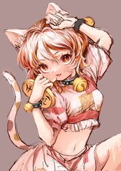  80isiiii animal_ears arm_up bell black_choker breasts brown_background brown_eyes brown_hair calico cat_ears cat_girl cat_tail choker coin commentary_request crop_top female gold goutokuji_mike hair_between_eyes hands_up heart heart_in_eye highres jingle_bell koban_(gold) looking_at_viewer maneki-neko medium_breasts midriff multicolored_clothes multicolored_hair multicolored_shirt multicolored_tail navel neck_bell oerba_yun_fang open_mouth orange_hair patchwork_clothes pink_shorts puffy_short_sleeves puffy_sleeves shirt short_hair short_sleeves shorts simple_background sitting smile solo stomach streaked_hair symbol_in_eye t-shirt tail tongue touhou white_hair white_shirt wristband 