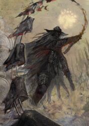  1other absurdres ambiguous_gender armor black_pants blood bloodborne commentary glowing glowing_eye grass grey_hair gun hat highres holding holding_gun holding_weapon long_hair nira_(nira_box) pants red_eyes solo standing sword very_long_hair weapon 