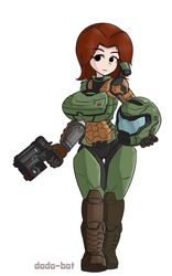  1girls armor artist_name big_breasts black_eyes boots brown_hair clothed cosplay disinterested dodo-bot doom doom_slayer_(cosplay) doom_slayer_(doom) emotionless expressionless female female_only fully_clothed gun helmet high_tech high_tech_armor image large_breasts looking_away medium_hair mii mii_fighter_costume mii_gunner mii_gunner_(smash_4) mob_face nintendo power_armor solo solo_female super_smash_bros. tagme white_background wide_hips 