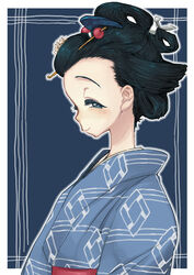  black_hair blue_background blue_eyes blue_kimono blush border check_copyright closed_mouth copyright_request female forehead_jewel from_side geisha hair_ornament hair_stick half-closed_eyes highres japanese_clothes kimono looking_at_viewer looking_to_the_side man_(man-room) nihongami obi original red_sash sash sideways_glance smile solo upper_body white_border 