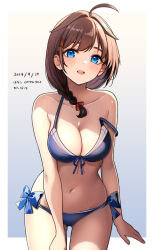  ahoge artist_name bikini black_hair blue_bikini blue_eyes braid breasts brown_hair cleavage collarbone dated female front-tie_bikini_top front-tie_top hair_flaps hair_over_shoulder hanako_(peanut) highres kantai_collection large_breasts long_hair navel official_alternate_costume shigure_(kancolle) shigure_kai_san_(kancolle) shigure_kai_san_(swimsuit)_(kancolle) single_braid solo stomach strap_slip swimsuit 