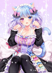  :d animal_ear_fluff animal_ears black_sleeves black_thighhighs blue_eyes blue_hair breasts cat_ears cat_girl cat_tail cleavage commission dress feet_out_of_frame female frilled_sleeves frills gradient_hair heterochromia large_breasts long_sleeves looking_at_viewer maid_headdress multicolored_hair nogi_takayoshi original paw_pose puffy_long_sleeves puffy_sleeves purple_dress purple_eyes purple_hair sitting skeb_commission smile solo tail thighhighs 