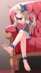  :3 ankle_cuffs armpits barefoot black_dress blonde_hair blue_eyes blush bow chair closed_mouth crossed_legs dress elbow_gloves feet female frilled_dress frills gloves hairbow highres long_hair looking_at_viewer original smile solo sweat toes tongue tongue_out white_gloves zoquqot 