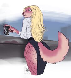  anthro blackvulp blonde_hair canid canine canned_drink clothing female fishnet_clothing hair heart_symbol heart_tattoo lips mammal markings mole_(marking) solo tail tattoo thick_bottom_lip 