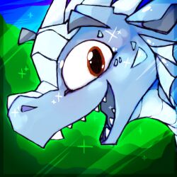  1:1 anthro blue_body brown_eyes dragon european_mythology forest happy horn hybrid icewing_(wof) icon looking_at_viewer low_res male mythological_creature mythological_scalie mythology plant rainwing_(wof) roksim scalie sky smile solo tree western_dragon wings_of_fire 