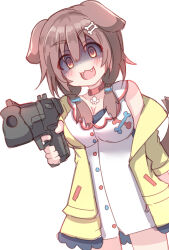  :3 :d absurdres animal_ears blush braid breasts brown_eyes brown_hair cleavage collar commentary_request dog_ears dog_girl dog_tail dress fangs female gun hair_between_eyes hair_over_shoulder handgun highres holding holding_gun holding_weapon hololive inugami_korone inugami_korone_(1st_costume) jacket low_twintails medium_breasts off_shoulder open_clothes open_jacket red_collar simple_background sleeveless sleeveless_dress smile solo tail twin_braids twintails umberblack virtual_youtuber weapon white_background white_dress yellow_jacket 