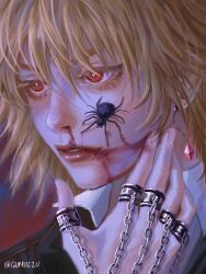  1boy androgynous animal arachne arm_up arthropod_girl black_jacket blonde_hair blood blood_from_mouth blood_on_face bright_pupils bug collared_shirt commentary ear_piercing earrings english_commentary gumozzu hair_between_eyes hand_chains hand_on_own_face highres hunter_x_hunter jacket jewelry kurapika looking_ahead male_focus monster_girl nosebleed piercing red_eyes shirt single_earring solo spider spider_girl taur twitter_username white_shirt 