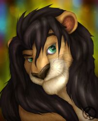  black_hair blurred_background felid feral green_eyes hair hi_res khalia_art kodiak_(kodiak079) lion looking_at_viewer looking_pleasured male mammal pantherine portrait pose simple_background smile solo 