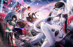  3girls absurdres balloon breasts car character_request clukay_(neural_cloud) confetti female flag girls&#039;_frontline girls&#039;_frontline_2:_exilium green_eyes hair_ornament highres hk416_(girls&#039;_frontline) holding holding_flag holding_umbrella long_hair motor_vehicle mp7_(girls&#039;_frontline) multiple_girls outdoors race_queen racetrack teardrop_facial_mark thighs umbrella user_fnrt4358 