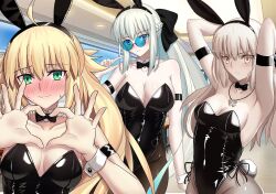  3girls absurdres ahoge animal_ears armpits arms_behind_head arms_up artoria_caster_(fate) artoria_pendragon_(fate) bare_shoulders black_bow black_leotard blonde_hair blue_eyes blush bow bowtie braid breasts collarbone covered_navel detached_collar fake_animal_ears fake_tail fate/grand_order fate_(series) glasses green_eyes grey_hair hairbow heart heart_hands highleg highleg_leotard highres large_breasts leotard long_hair longdq3008 looking_at_viewer medium_breasts morgan_le_fay_(fate) multiple_girls no_bra parted_lips playboy_bunny ponytail rabbit_ears rabbit_tail saber_alter sidelocks smile solo tail thighs twintails very_long_hair wrist_cuffs yellow_eyes 