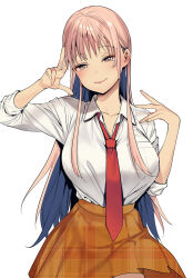  blush breast_pocket breasts closed_mouth collarbone commentary_request cowboy_shot female grey_eyes hands_up large_breasts long_hair looking_at_viewer megumi_yakiniku necktie orange_skirt original pink_hair pleated_skirt pocket red_necktie school_uniform shirt shirt_tucked_in simple_background skirt smile solo unmoving_pattern white_background white_shirt 