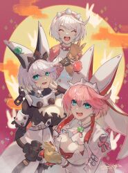  age_progression animal_ears blue_eyes breasts cleavage closed_eyes dress elphelt_valentine fake_animal_ears female guilty_gear guilty_gear_strive guilty_gear_xrd hairband highres large_breasts pink_hair rabbit_ears short_hair spiked_hairband spikes white_dress white_hair youmicitrustea 