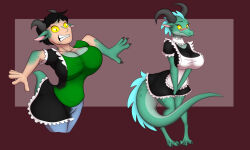  5:3 after_transformation anthro big_breasts blush breast_growth breasts clothed clothing colored digital_media_(artwork) female gender_transformation green_body growth hair horn human humanoid kobold maid_uniform male mammal mtf_transformation reptile scales scalie simple_background solo species_transformation tail tomek1000 transformation transformation_sequence uniform yellow_eyes 