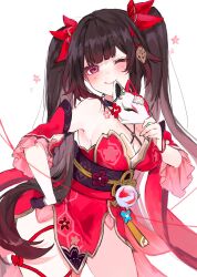  ;) black_choker black_gloves breasts brown_hair choker circle_facial_mark cleavage closed_mouth cowboy_shot detached_sleeves dress female flower_tattoo fox_mask gloves highres holding holding_mask honkai:_star_rail honkai_(series) long_hair mask medium_breasts one_eye_closed red_dress red_eyes shinoo0915 simple_background single_glove smile solo sparkle_(honkai:_star_rail) tattoo twintails white_background 