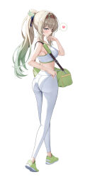  absurdres alternate_costume bag bare_shoulders black_hairband black_ribbon blush breasts check_clothing closed_mouth clothing_request commentary duffel_bag female firefly_(honkai:_star_rail) gradient_hair green_bag green_footwear green_hair hair_ribbon hairband hand_up heart highres honkai:_star_rail honkai_(series) kesa_pasa large_breasts leggings long_hair looking_at_viewer multicolored_hair pants ponytail ribbon shoes sidelocks simple_background smile sneakers solo spoken_heart sports_bra twisted_torso white_background white_hair white_pants white_sports_bra 