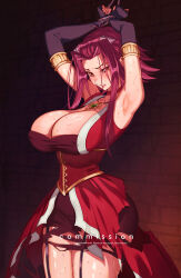  armpits arms_up breasts brown_eyes cleavage commission dress female garter_straps highres izayoi_aki large_breasts medium_hair red_dress red_hair restrained solo sumustard torn_clothes torn_dress yu-gi-oh! yu-gi-oh!_5d&#039;s 