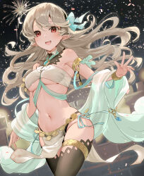  :d alternate_costume bandeau bare_shoulders black_panties black_thighhighs breasts brooch corrin_(female)_(fire_emblem) corrin_(fire_emblem) cowboy_shot female fire_emblem fire_emblem_fates grey_hair groin haru_(nakajou-28) highres jewelry loincloth long_hair looking_at_viewer medium_breasts midriff navel open_mouth panties pelvic_curtain pointy_ears red_eyes shawl smile solo standing stomach thighhighs thighs underboob underwear very_long_hair 