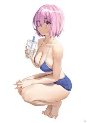  absurdres alternate_costume bare_arms barefoot bikini blue_bikini blush breasts bubble_tea cleavage collarbone commentary_request cup disposable_cup drinking_straw eyes_visible_through_hair fate/grand_order fate_(series) female hair_over_one_eye highres kuuhaku_(pskf2372) large_breasts looking_at_viewer mash_kyrielight pink_eyes pink_hair short_hair simple_background solo swimsuit thighs tiptoes toes white_background 