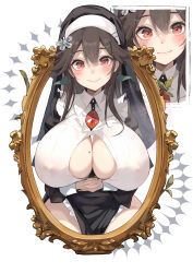  absurdres bare_legs black_dress blush breasts brown_hair closed_mouth covered_navel cowboy_shot dress female habit happy highres huge_breasts juliet_sleeves long_hair long_sleeves looking_at_viewer mirror mole mole_on_breast multiple_views nun puffy_sleeves red_eyes reiuji_utsuho side_slit sidelocks smile tetsurou_(fe+) third_eye_on_chest touhou very_long_hair 