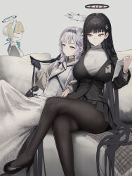  3girls absurdres black_footwear black_hair black_jacket black_pantyhose black_skirt blonde_hair blue_archive blush breasts bun_cover closed_eyes commentary couch crossed_legs dress grey_hair hair_bun hair_tubes halo headset high_heels highres himari_(blue_archive) holding holding_another&#039;s_hair holding_tablet_pc jacket large_breasts leaning_on_person leaning_to_the_side long_hair looking_at_another maid_headdress miniskirt mole mole_under_eye multiple_girls on_couch pantyhose pleated_skirt rio_(blue_archive) shirt single_hair_bun sitting skirt susukawa_(susucawa) sweatdrop tablet_pc toki_(blue_archive) very_long_hair white_dress white_shirt 