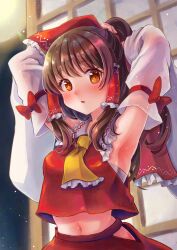  armpits ascot blush bow brown_eyes brown_hair commentary_request detached_sleeves female frilled_bow frilled_hair_tubes frills full_moon hair_tubes hairbow hakurei_reimu highres long_hair looking_at_viewer midriff moon navel night night_sky open_mouth red_bow red_skirt skirt skirt_set sky solo tatami tomoe_(pixiv_53856103) touhou tying_hair yellow_ascot 