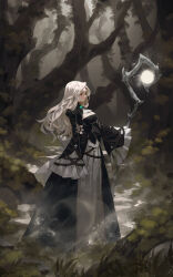  absurdres arowana2111 ascot black_dress breasts dress fantasy female forest frilled_sleeves frills highres holding holding_staff large_breasts long_hair nature original red_eyes solo staff standing white_hair wide_sleeves 