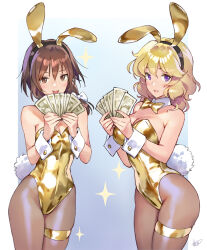  2girls :d animal_ears bare_shoulders black_hairband blonde_hair blue_background blush bow bowtie breasts brown_eyes brown_pantyhose cleavage covered_navel cowboy_shot detached_collar fake_animal_ears fake_tail gradient_background hairband hairbow highres holding holding_money large_breasts leotard long_hair looking_at_viewer maribel_hearn matsuda_(matsukichi) medium_breasts medium_hair money multiple_girls open_mouth pantyhose parted_lips playboy_bunny purple_eyes smile sparkle strapless strapless_leotard tail thigh_strap touhou traditional_bowtie usami_renko white_bow wrist_cuffs yellow_bow yellow_bowtie 