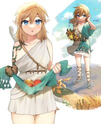  :o apple arm_tattoo bare_shoulders blonde_hair blue_eyes blush breasts dress female food fruit full_body genderswap_(mtf) hair_between_eyes highres holding holding_food holding_fruit large_breasts link long_hair multiple_views pointy_ears rule_63 short_sleeves soaking_feet standing tattoo teeth the_legend_of_zelda the_legend_of_zelda:_tears_of_the_kingdom ttanuu. 