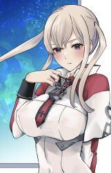  asyuri blonde_hair blush breasts capelet female graf_zeppelin_(kancolle) hair_between_eyes highres kantai_collection large_breasts long_hair long_sleeves looking_at_viewer military_uniform necktie purple_eyes sidelocks solo twintails upper_body 