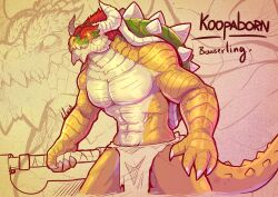  1boy abs axe bowser dragon_boy dragon_horns dragonborn_(d&amp;d) dungeons_&amp;_dragons highres horns lluisabadias loincloth male_focus mario_(series) muscular muscular_male pectorals spiked_shell spikes standing tail topless_male yellow_eyes 