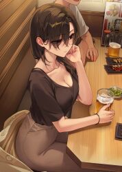  1boy alcohol arm_rest beer beer_mug black_eyes black_hair black_shirt bracelet breasts brown_jacket brown_pants cleavage collarbone cup drinking edamame eyes_visible_through_hair female from_side grey_shirt hand_up head_rest high-waist_pants highres holding holding_cup indoors jacket jewelry medium_breasts menu mug original pants restaurant sabotensuteeki shirt shirt_tucked_in skewer unworn_jacket 