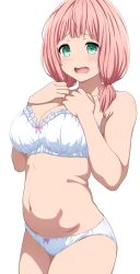  absurdres armpit_crease bang_dream! bare_arms bare_shoulders belly blunt_bangs blush bow bow_bra bow_panties bra breasts commentary_request cowboy_shot female frilled_bra frills green_eyes hands_on_own_chest hands_up highres large_breasts long_hair looking_at_viewer low_twintails navel noshimurin open_mouth paid_reward_available panties pink_bow pink_hair plump raised_eyebrows short_twintails simple_background solo standing sweatdrop textless_version twintails uehara_himari underwear underwear_only wavy_mouth white_background white_bra white_panties 