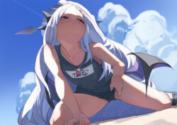  black_halo black_horns black_one-piece_swimsuit black_wings blue_archive blue_sky closed_mouth cloud commentary covered_navel day female flat_chest fu-ta halo hina_(blue_archive) hina_(swimsuit)_(blue_archive) horns kneeling long_hair looking_to_the_side low_wings official_alternate_costume old_school_swimsuit one-piece_swimsuit outdoors purple_eyes school_swimsuit sky solo swimsuit thighs very_long_hair whistle whistle_around_neck white_hair wings 