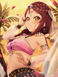  absurdres belly_dancing birthday blush braid breasts commentary earrings female highres jewelry kyaku_tasu long_hair love_live! love_live!_sunshine!! medium_breasts midriff navel red_hair sakurauchi_riko signature sky solo upper_body yellow_eyes yellow_sky 