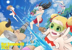  ! !! 2022 3boys 3girls aiming aiming_up animal_ears antenna_hair barefoot bikini black_hair blonde_hair blue_bikini blue_eyes blue_sky blunt_bangs breasts cleavage commentary_request curly_hair day dodging dragon_quest dragon_quest_builders_2 dual_wielding earrings english_text facing_another fake_animal_ears female_builder_(dqb2) floating_hair floating_neckwear gatling_gun green-tinted_eyewear hair_pulled_back hair_ribbon heart heart_print highres holding holding_water_gun hoop_earrings horned_mask jewelry lens_flare long_hair looking_at_another looking_to_the_side low_ponytail male_swimwear mask miruzu_(dqb2) motion_blur multiple_boys multiple_girls muscular muscular_male necklace open_mouth orange_hair orange_male_swimwear palm_tree pero_(dqb2) pink_hair pink_swim_trunks pointy_ears rabbit_ears red_eyes red_ribbon red_swim_trunks ribbon rimless_eyewear ruru_(dqb2) scar scar_on_shoulder serge_(dqb2) shochuumimai side-tie_bikini_bottom side_ponytail sidoh_(dqb2) silver_earrings sky small_breasts smile spiked_hair strapless strapless_bikini summer sweatdrop swimsuit tinted_eyewear todoroki_dk toned toned_male tooth_necklace tree twintails water water_gun water_tank white_bikini 