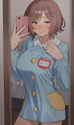  absurdres bed blush bo_(bocky0w0) breasts brown_hair female full-length_mirror gakuen_idolmaster highres holding holding_phone idolmaster indoors kindergarten_uniform light_smile long_sleeves looking_at_viewer medium_breasts mirror name_tag neo_asari phone purple_eyes selfie solo sweatdrop thighs 