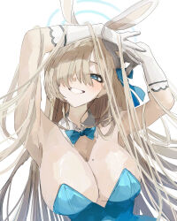  absurdres animal_ear_hairband animal_ears aqua_bow aqua_bowtie aqua_leotard armpits arms_up asuna_(blue_archive) asuna_(bunny)_(blue_archive) asymmetrical_bangs blonde_hair blue_archive blue_eyes blush bow bowtie breasts cleavage detached_collar fake_animal_ears female gloves hair_over_one_eye hairband halo highres large_breasts leotard long_hair looking_at_viewer mole mole_on_breast official_alternate_costume one_eye_covered paddy_field rabbit_ear_hairband rabbit_ears simple_background smile solo straight_hair strapless strapless_leotard upper_body very_long_hair white_background white_gloves 