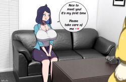  absurd_res ambiguous_gender big_breasts blue_hair blush breasts camera dialogue duo english_text female female_focus furniture generation_1_pokemon hair heart_symbol hi_res hohoroko human human_focus hypno_(pokemon) mammal mild nintendo pokemon pokemon_(species) sitting sofa solo_focus text thick_thighs yellow_body 