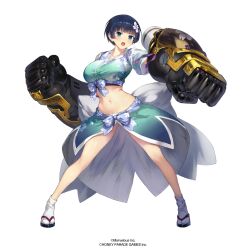  ankle_socks ass_visible_through_thighs blue_eyes blue_hair bow bowl_cut breasts brown_dust_2 clothing_cutout flower gauntlets hair_flower hair_ornament highres huge_breasts japanese_clothes kimono light_blush linea_alba low_neckline navel no_panties official_art open_mouth power_fist ribbon-trimmed_kimono sandals senran_kagura senran_kagura_new_link short_hair socks stomach_cutout yozakura_(senran_kagura) 