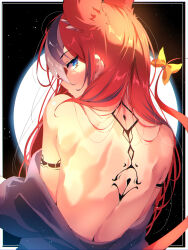  absurdres animal_ear_fluff animal_ears back_tattoo bare_back bare_shoulders black_hair blue_eyes blush border bow closed_mouth female from_behind full_moon hairbow hakos_baelz highres hololive hololive_english looking_at_viewer looking_back moon mouse_ears multicolored_hair off_shoulder outside_border red_hair solo streaked_hair tattoo the0neulost upper_body white_border white_hair yellow_bow 