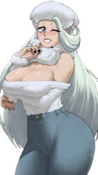  1girls 2021 ass blue_eyes blush breasts cleavage clothed clothed_female clothes echosaber female female_focus female_only gentle_mommy grey_hair hat hi_res high_waisted_pants hips huge_breasts human jeans large_ass long_hair mature_female melony_(pokemon) milf mom_jeans mother nintendo older_female pokemon pokemon_ss simple_background slim_waist solo thick_thighs thighs tight_clothing tight_fit very_high_resolution wide_hips wink winking 