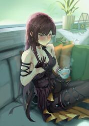  absurdres black_gloves black_pantyhose blush breasts cleavage closed_mouth couch cup dress drink english_commentary female girls&#039;_frontline girls&#039;_frontline_2:_exilium gloves half_gloves highres holding holding_cup long_hair looking_at_viewer official_alternate_costume pantyhose purple_dress purple_hair red_eyes shidoni sitting solo teacup wa2000_(ballroom_interlude)_(girls&#039;_frontline) wa2000_(girls&#039;_frontline) 