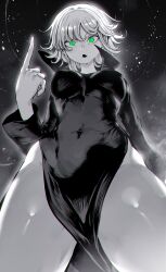  absurdres breasts curly_hair dress female from_below green_eyes greyscale highres index_finger_raised long_sleeves medium_breasts monochrome navel niwarhythm one-punch_man open_mouth short_hair side_slit sky solo spot_color star_(sky) starry_sky tatsumaki 