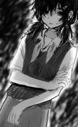  aura collarbone collared_shirt cowboy_shot dutch_angle empty_eyes female genderswap_(mtf) greyscale hair_between_eyes hair_ornament hairclip hand_on_own_arm hatching_(texture) highres looking_at_viewer low_twintails medium_hair monochrome neckerchief no_pupils omori parted_lips rule_63 shirt short_sleeves simple_background skirt solo sukinakoto1ppai sunny_(omori) sweat sweater_vest twintails 