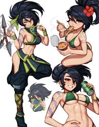  akali arm_tattoo ass bare_shoulders bikini black_hair blush blushyspicy breasts can cleavage cloud_tattoo collarbone crop_top eating female food green_bikini highres large_breasts league_of_legends long_hair looking_at_viewer mask multiple_views navel noodles ponytail ramen simple_background smile swimsuit tattoo white_background 