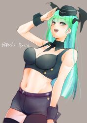  alternate_costume bare_shoulders black_shorts breasts cleavage cowboy_shot darkstalkers demon_girl demon_wings female green_eyes green_hair head_wings medium_breasts morrigan_aensland rosie_rosie salute shorts simple_background solo twitter_username wings 