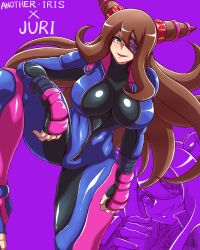  black_bodysuit bodysuit breasts brown_hair character_name cosplay female green_eyes han_juri_(cosplay) highres horn-shaped_hair iris_(mega_man) juri_han large_breasts long_hair mega_man_(series) mega_man_x_(series) mega_man_x_dive multiple_views nobuyu_(77yusei) purple_background purple_bodysuit simple_background smirk street_fighter street_fighter_v 